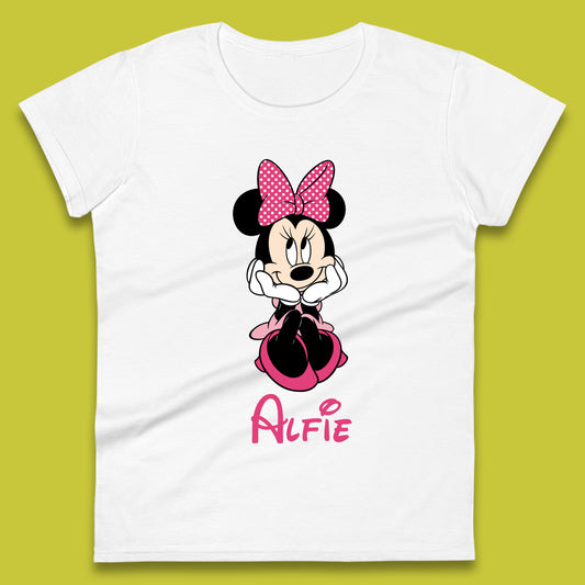 Personalised Sitting Disney Mickey Mouse Minnie Mouse Your Name Cute Cartoon Character Disney World Womens Tee Top