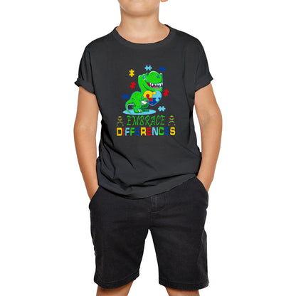 Embrace Differences T-Rex Dinosaur Puzzle Autism Awareness Dino Disability Autism Support Kids T Shirt