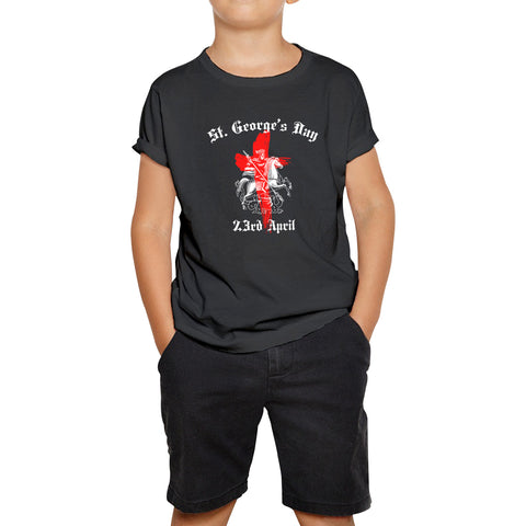 St George's Day 2023 England Flag Cross Knights Templar & Horse London Saint George Day Warrior Fighter Patriotic Kids T Shirt