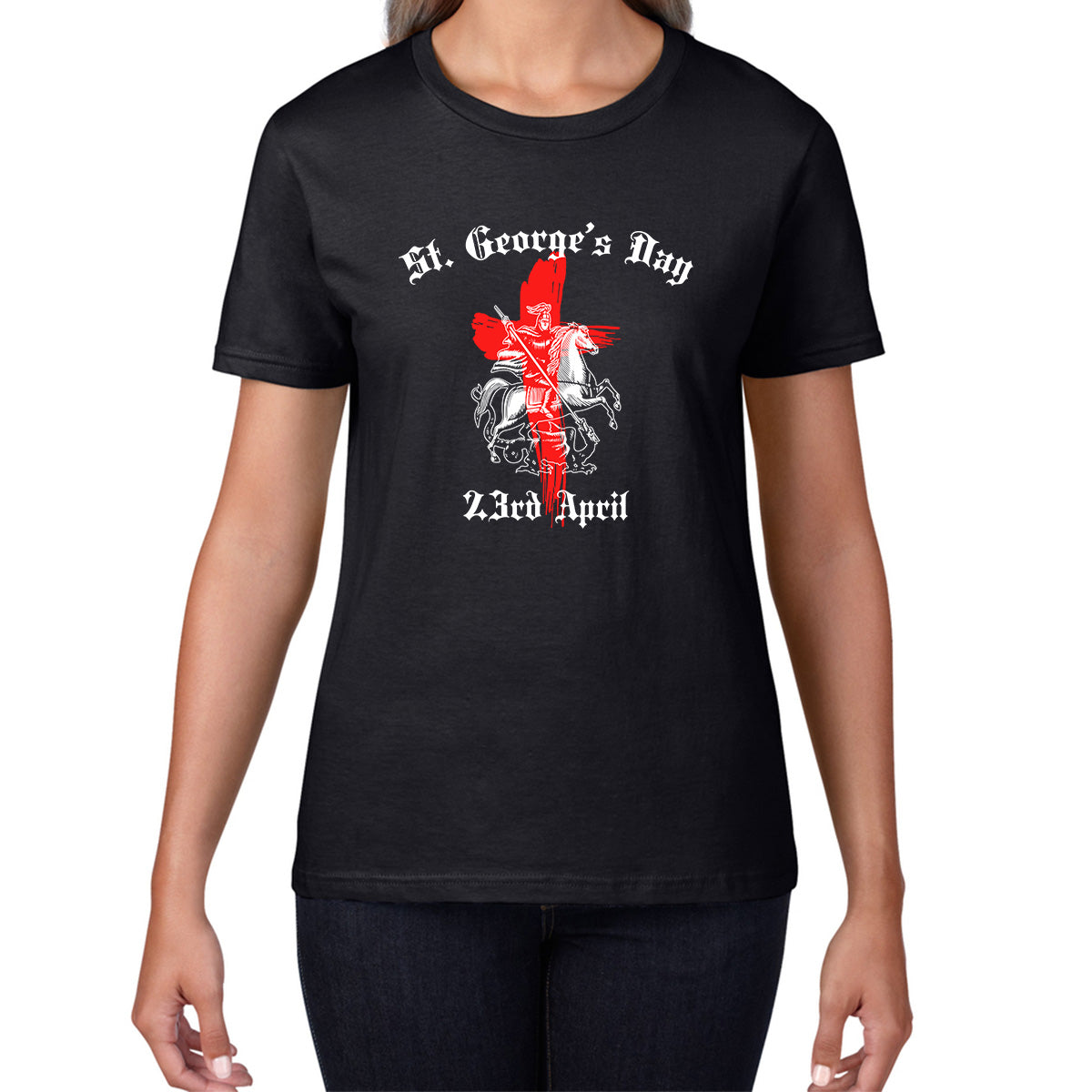 St George's Day 2023 England Flag Cross Knights Templar & Horse London Saint George Day Warrior Fighter Patriotic Womens Tee Top