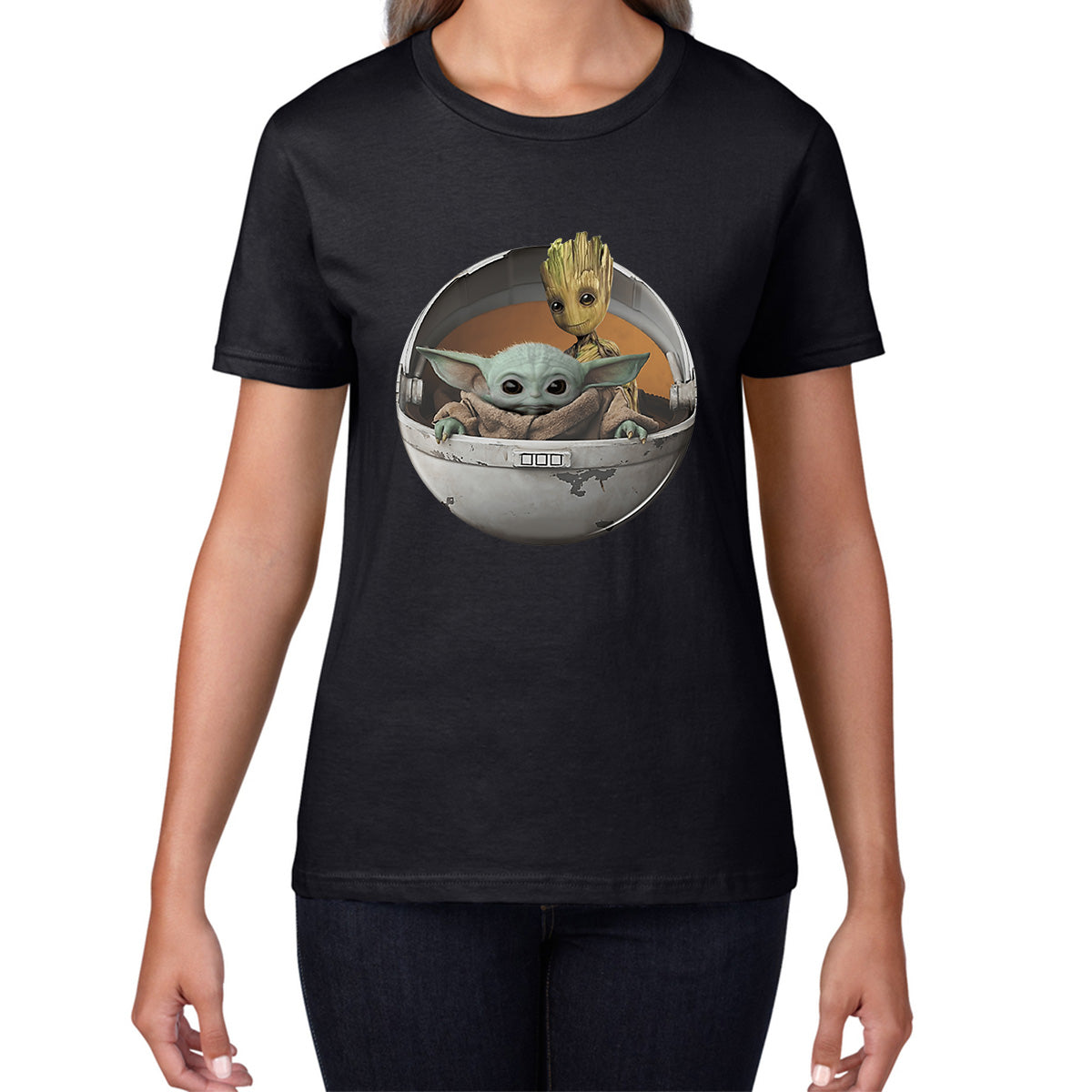 Grogu Baby Yoda And Baby Groot The Mandalorian Disney Star Wars Child In Hover Pod Pram Disney Star Wars Day 46th Anniversary Womens Tee Top