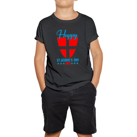 Happy St George's Day 2023 Saint George Cross Shield England Flag Religious Warriors St George Day Kids T Shirt