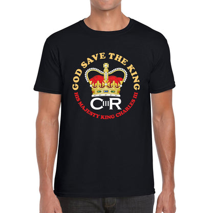 God Save The King CR III King Charles III Coronation 2023 His Majesty British Royal Crown Union Jack Mens Tee Top