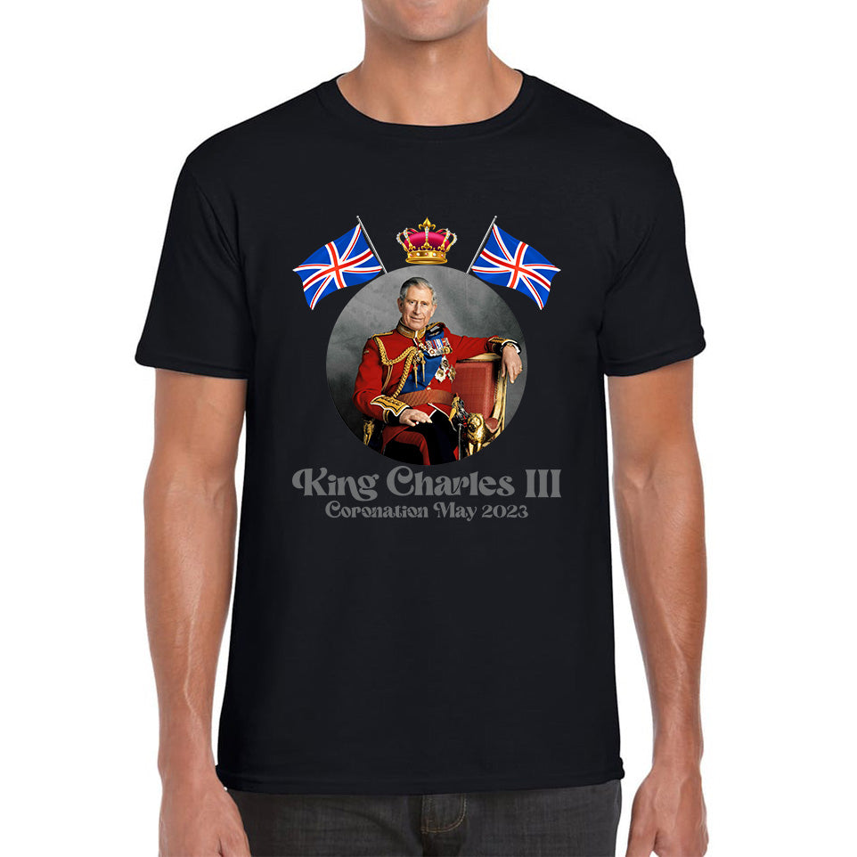 King Charles III 6th May 2023 Coronation British Flags Royal Crown CR III Union Jack His Majesty Mens Tee Top