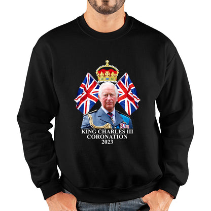 King Charles III Coronation 2023 British United Kingdom Uk Flags CR III Royal Crown Ruling Monarch Of England Unisex Sweatshirt