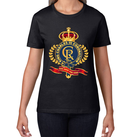 King Charles III Coronation 2023 CR III God Save The King Royal Crown United Kingdom Ruling Monarch Womens Tee Top