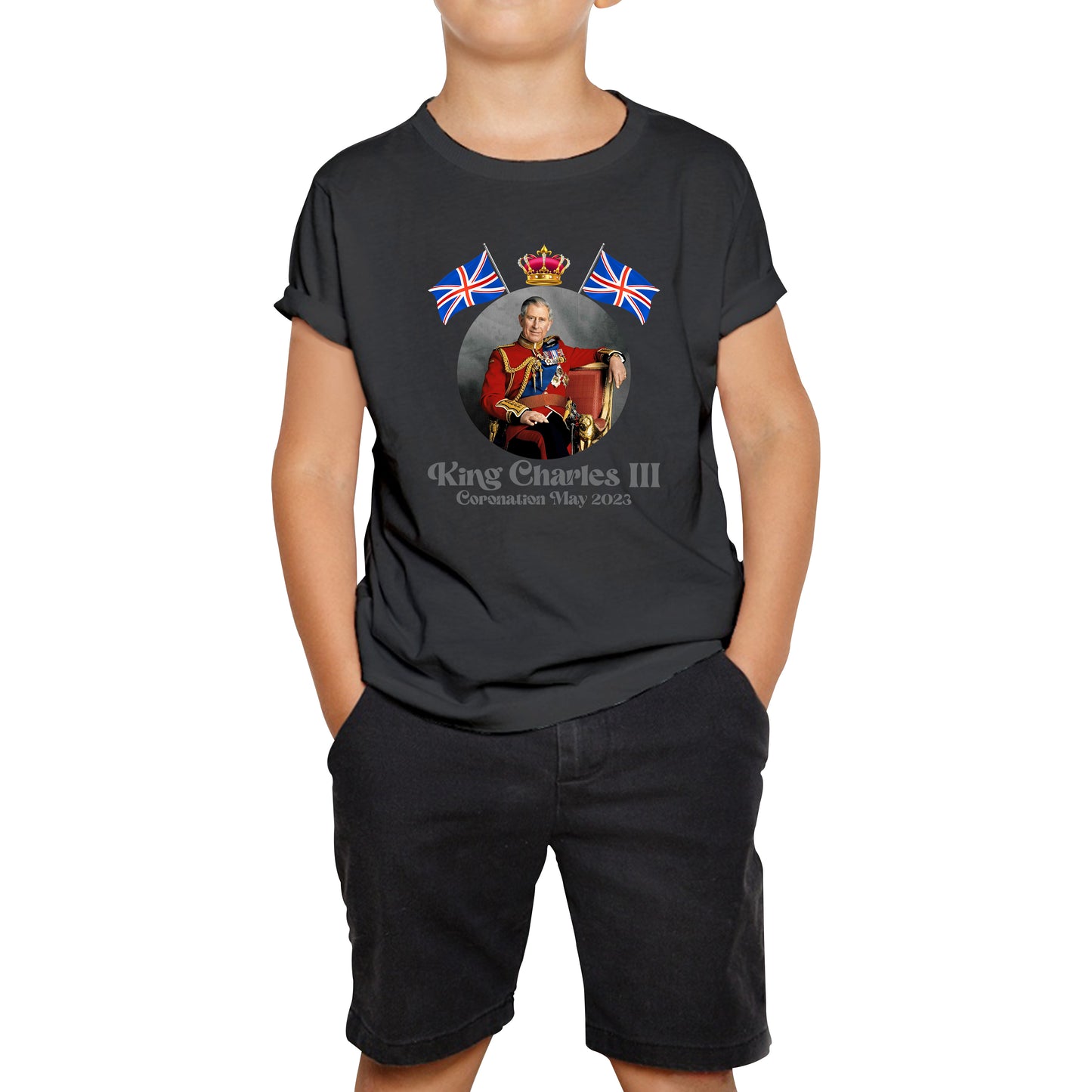 King Charles III 6th May 2023 Coronation British Flags Royal Crown CR III Union Jack His Majesty Kids T Shirt