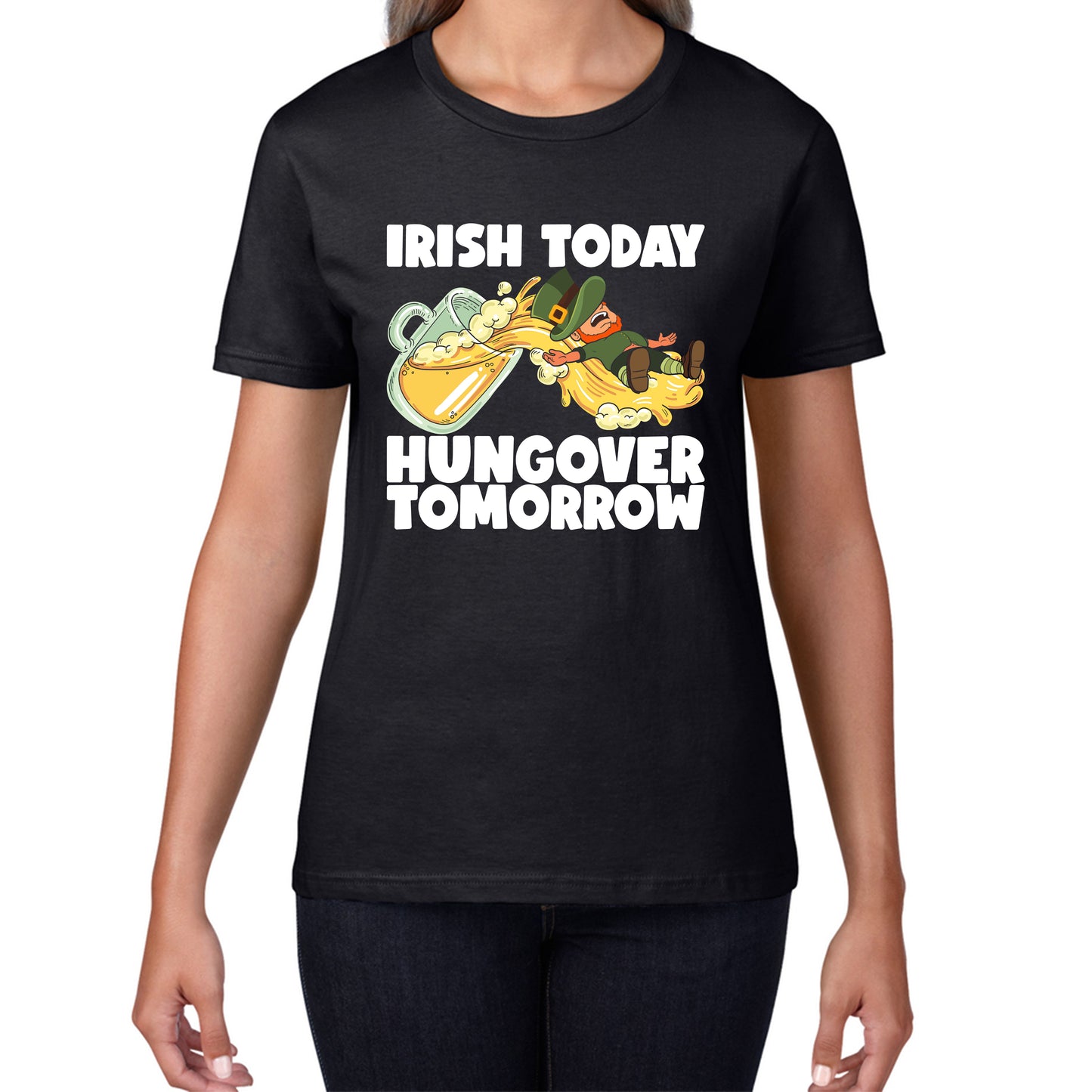 Irish Today Hungover Tomorrow Leprechaun Sliding Down On Beer Into Glass St. Patrick's Day Irish Drinking Womens Tee Top