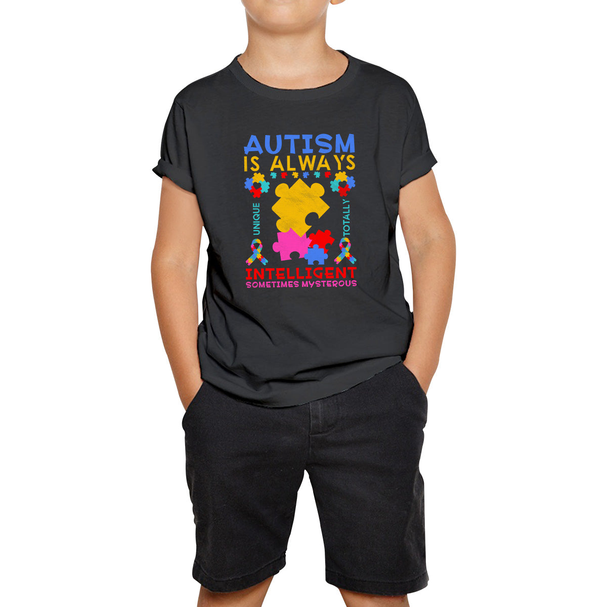 Autism Is Always Unique Totally Intelligent Something Mysterious Autism Awareness Puzzle Kids T Shirt