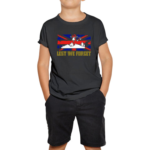 UK Flag British Armed Forces Day Lest We Forget Remembrance Day Veterans Day WWI Poppy Flower Kids Tee