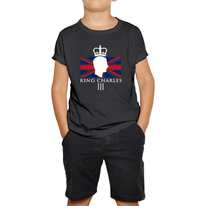 King Charles III Coronation British Flag CR III Royal Crown His Majesty Union Jack Great Britain Kids T Shirt