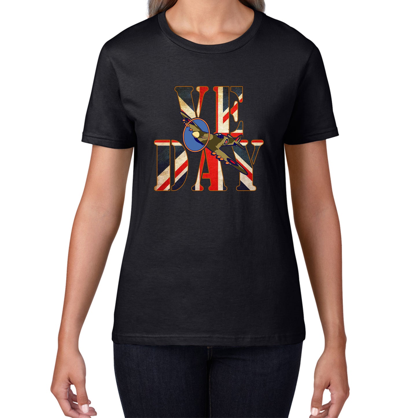 VE Day Victory In Europe Day Remembrance Day British Flag Veterans UK Victory Day 78th Anniversary World War II British Fighter Airplane Womens Tee Top