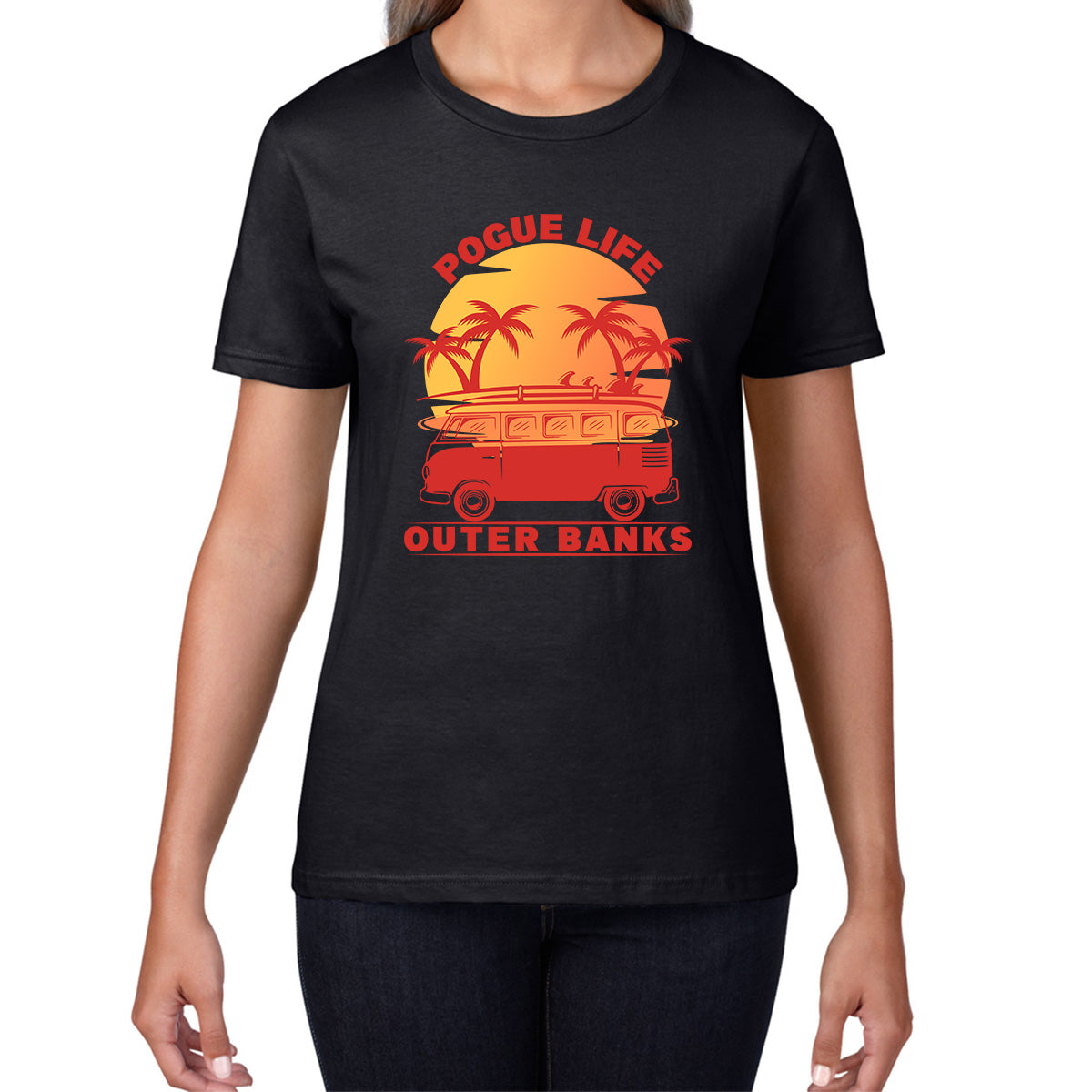 Outer Banks Pogue Life  Beach Surf Van Vintage Retro Beach Sunset Surfing TV Series JJ Maybank OBX Fans Outer Banks Show Womens Tee Top