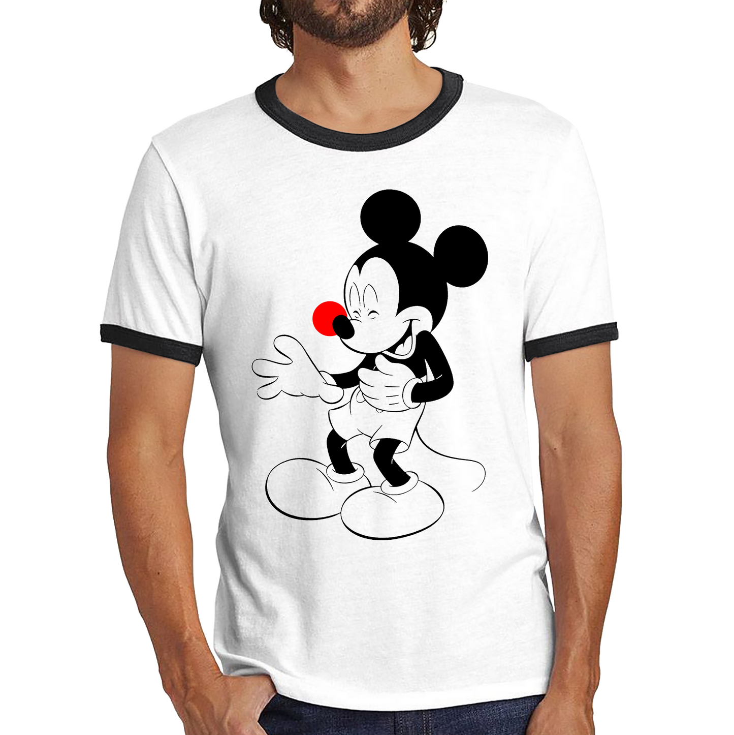 Disney Mickey Mouse Red Nose Day Ringer T Shirt. 50% Goes To Charity