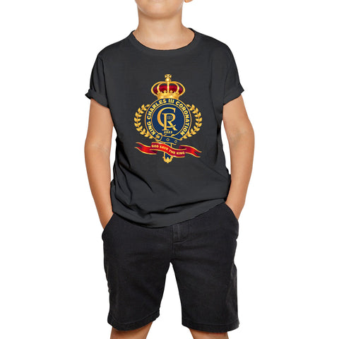 King Charles III Coronation 2023 CR III God Save The King Royal Crown United Kingdom Ruling Monarch Kids T Shirt