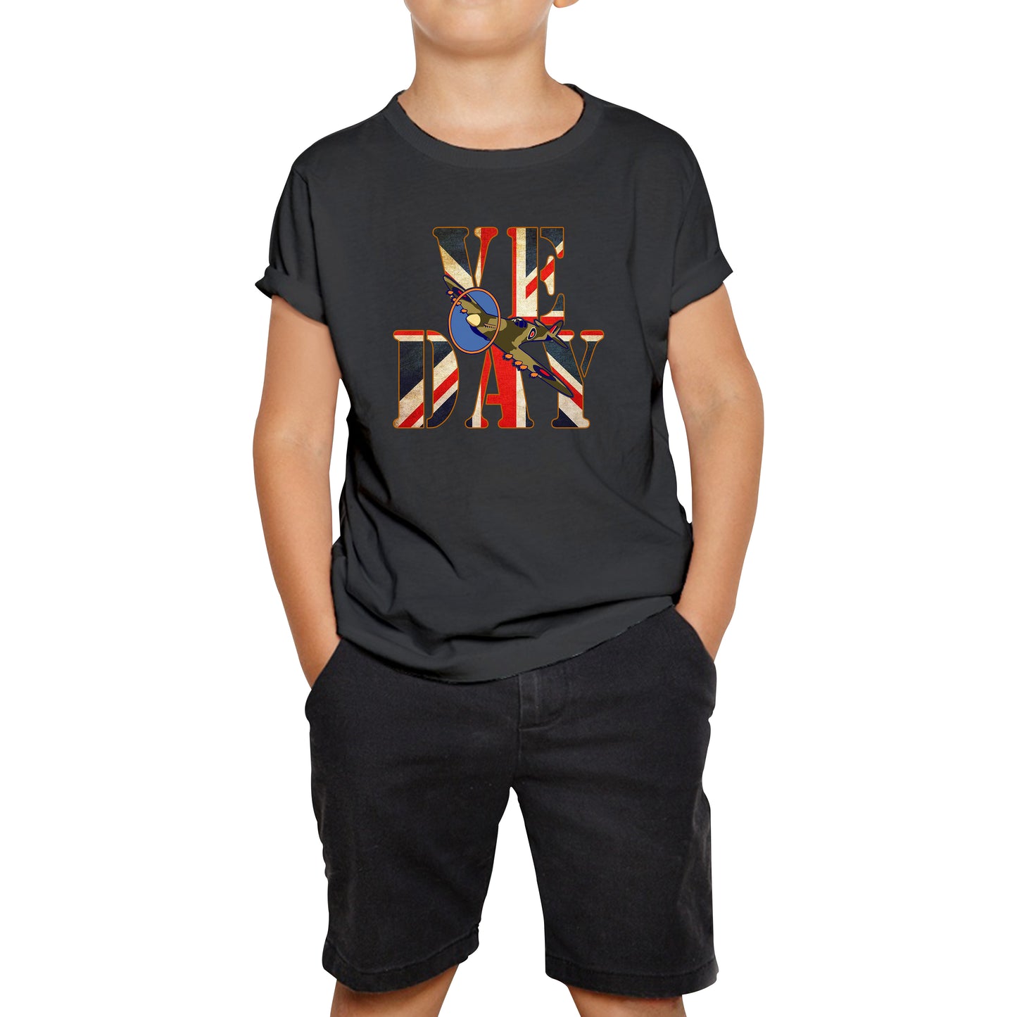 VE Day Victory In Europe Day Remembrance Day British Flag Veterans UK Victory Day 78th Anniversary World War II British Fighter Airplane Kids T Shirt