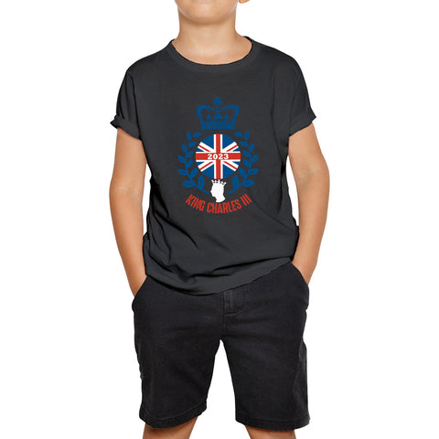 King Charles III Coronation 2023 British United Kingdom Uk Flag CR III Royal Crown His Majesty Union Jack Great Britain Kids T Shirt