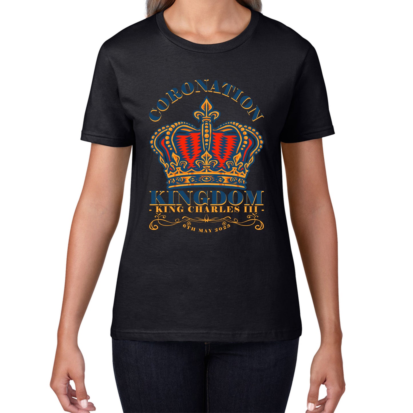 Coronation Kingdom King Charles III 6th May 2023 Royal Crown CR III His Majesty Union Jack Womens Tee Top