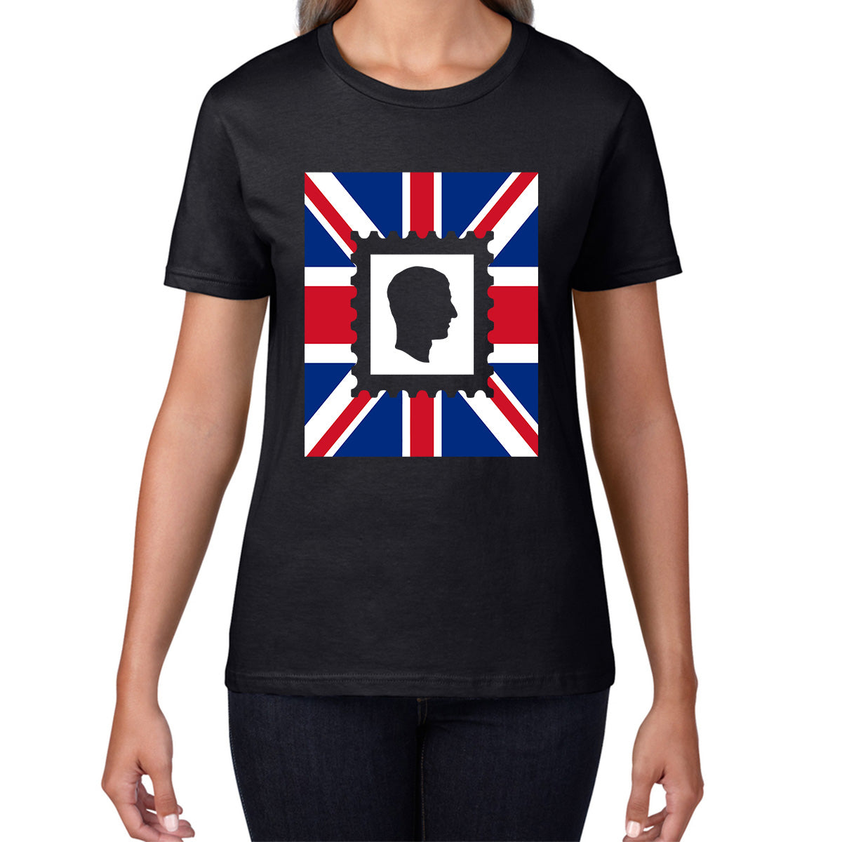 King Charles III Stamp United Kingdom Flag King Of England Royal Crown His Majesty Union Jack Womens Tee Top