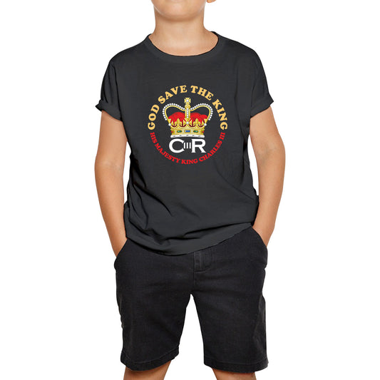 God Save The King CR III King Charles III Coronation 2023 His Majesty British Royal Crown Union Jack Kids T Shirt