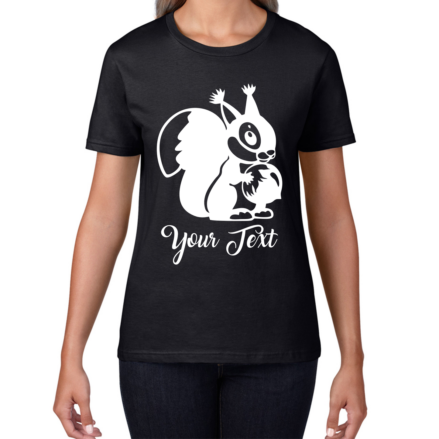 Personalised Cartoon Squirrel Holding Acorn Your Name Cute Squirrel Animal Womens Tee Top