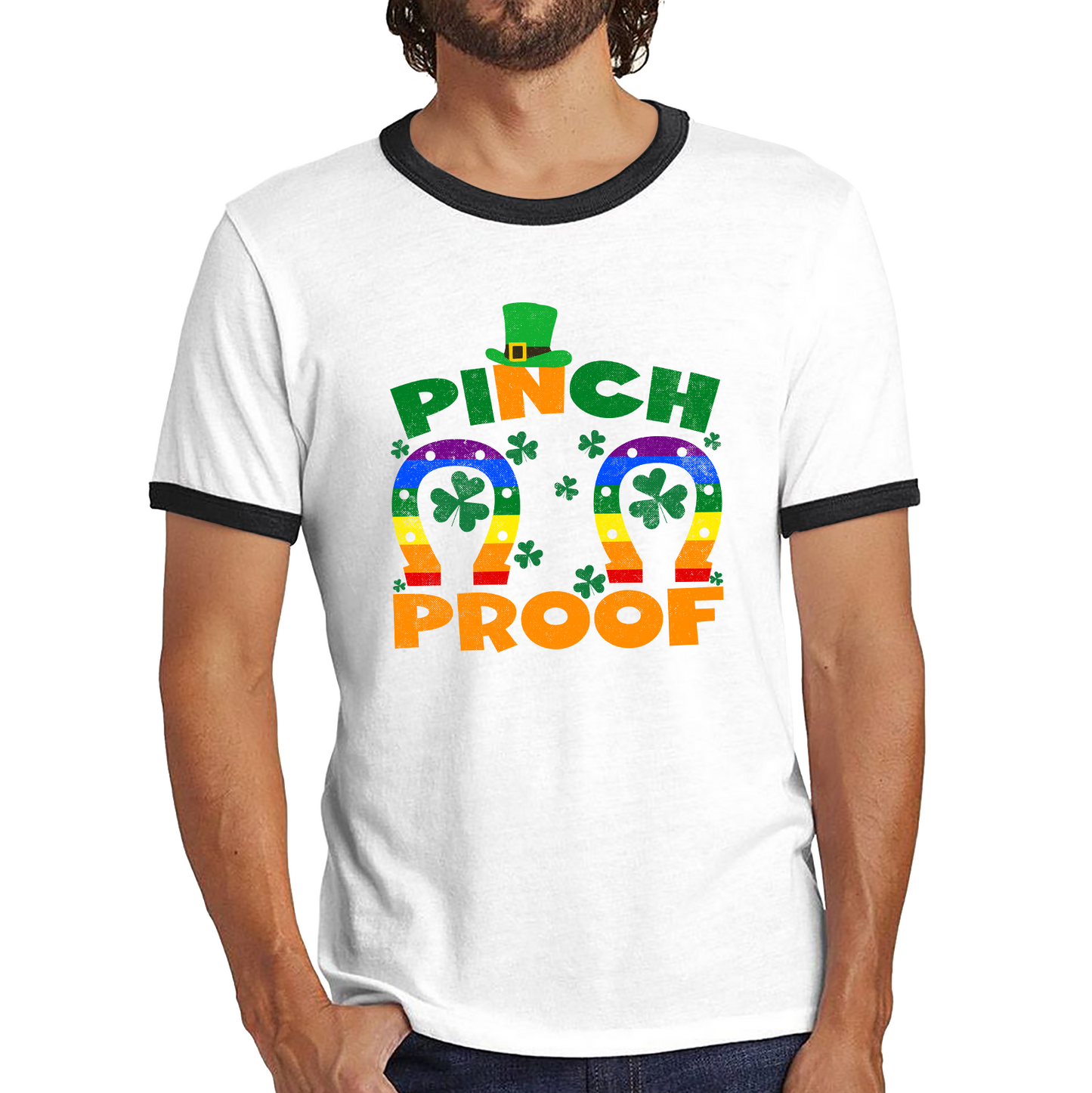 Pinch Proof LGBT Horseshoe St. Patrick's Day Shamrock Gay Pride Irish Pinch St Pattys Day Irish Festive Ringer T Shirt