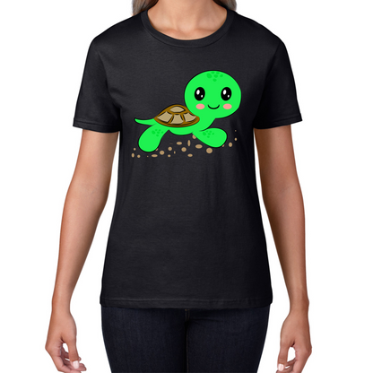 Swimming Cartoon Turtle, Funny Cute Little Sea Turtle Womens Tee Top