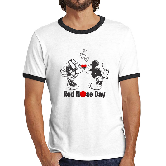 Disney Mickey And Minnie Mouse Red Nose Day Ringer T Shirt. 50% Goes To Charity