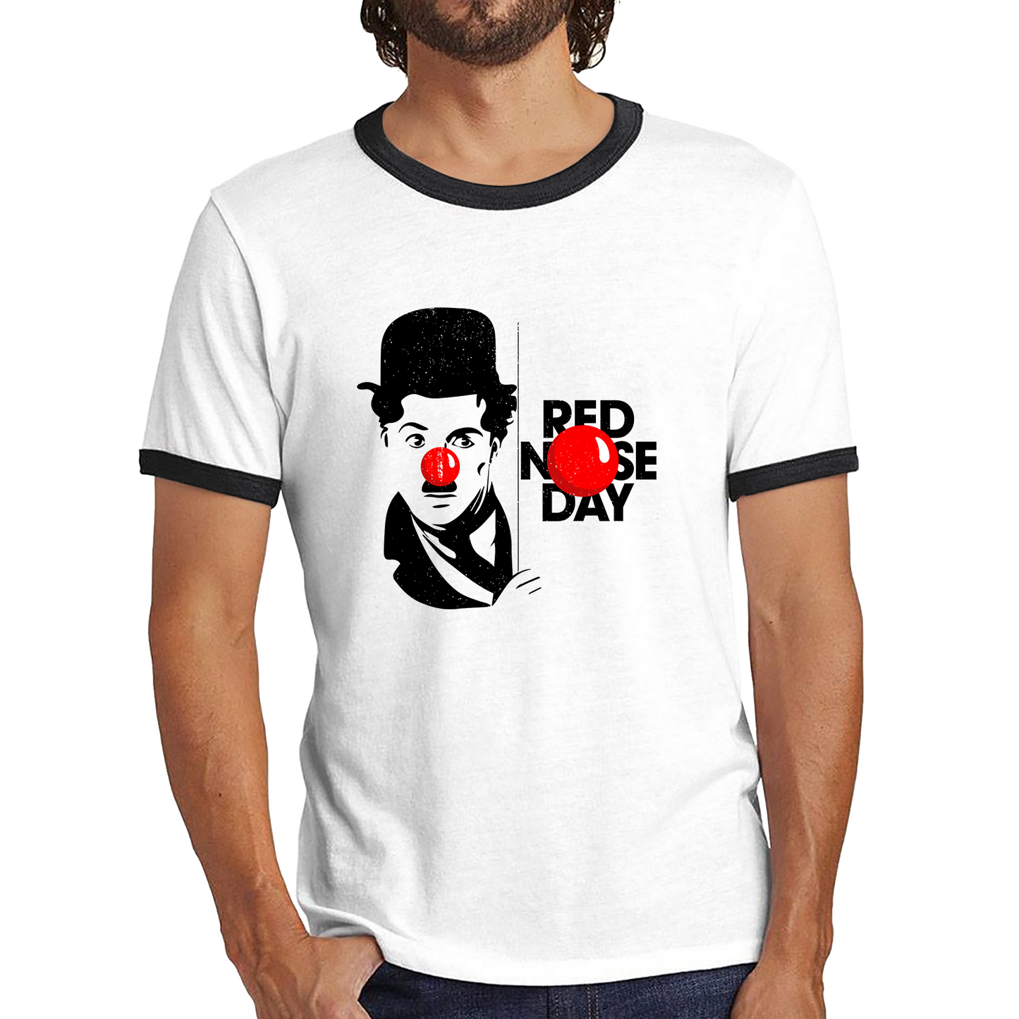 Charlie Chaplin Funny Red Nose Day Ringer T Shirt. 50% Goes To Charity