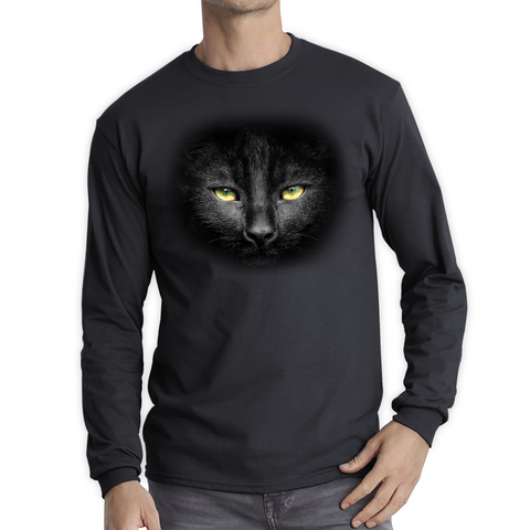 Black Cat Yellow Eyes Shirt Big Print Full-On Front Spooky Horror Scary Black Cat Long Sleeve T Shirt