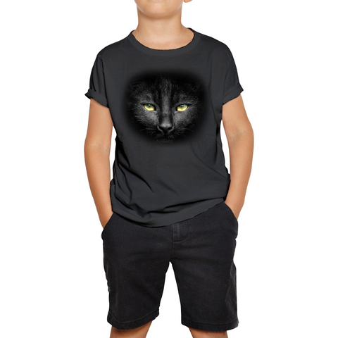 Black Cat Yellow Eyes T-shirt Big Print Full-On Front Spooky Horror Scary Black Cat Kids Tee