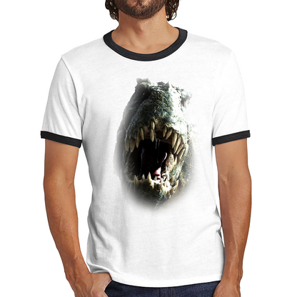 Tyrannosaurus T-rex Roaring Face Shirt Big Print Full-On Front T-rex Dinosaur Ringer T Shirt