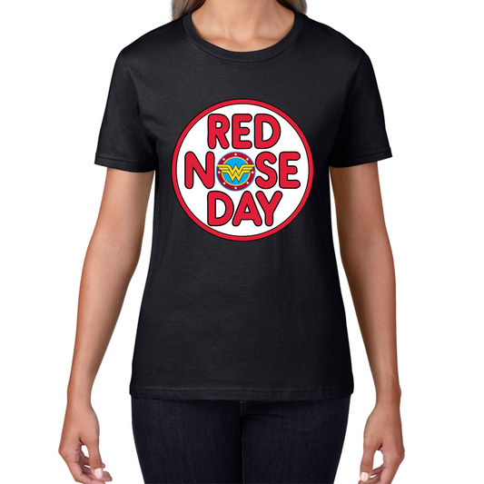 Wonder Women Shield Red Nose Day Ladies T Shirt. 50% Goes To Charity