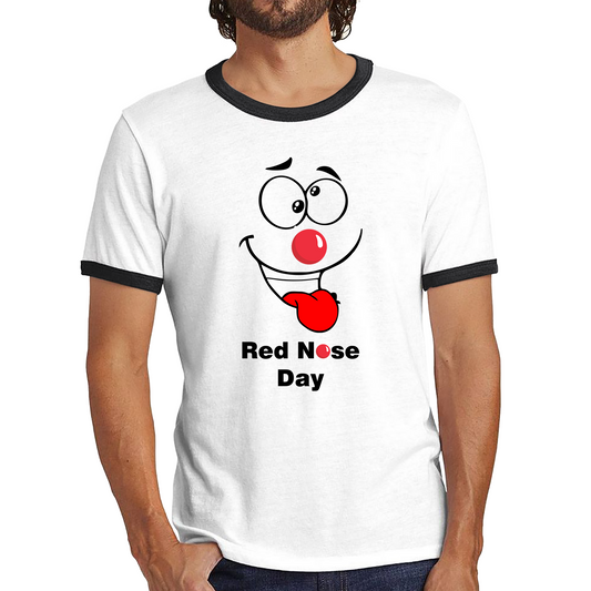 Funny Emoji Face Red Nose Day Ringer T Shirt. 50% Goes To Charity