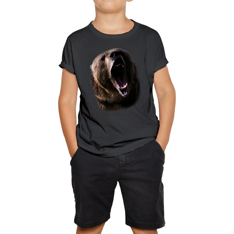 Grizzly Bear Roaring Face T-Shirt Big Print North American Brown Bear Full On Front Angry Bear Kids Tee