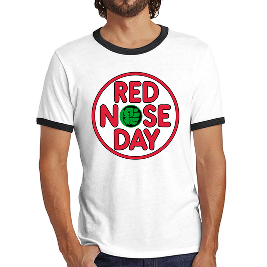 Marvel Avengers Hulk Hand Red Nose Day Ringer T Shirt. 50% Goes To Charity