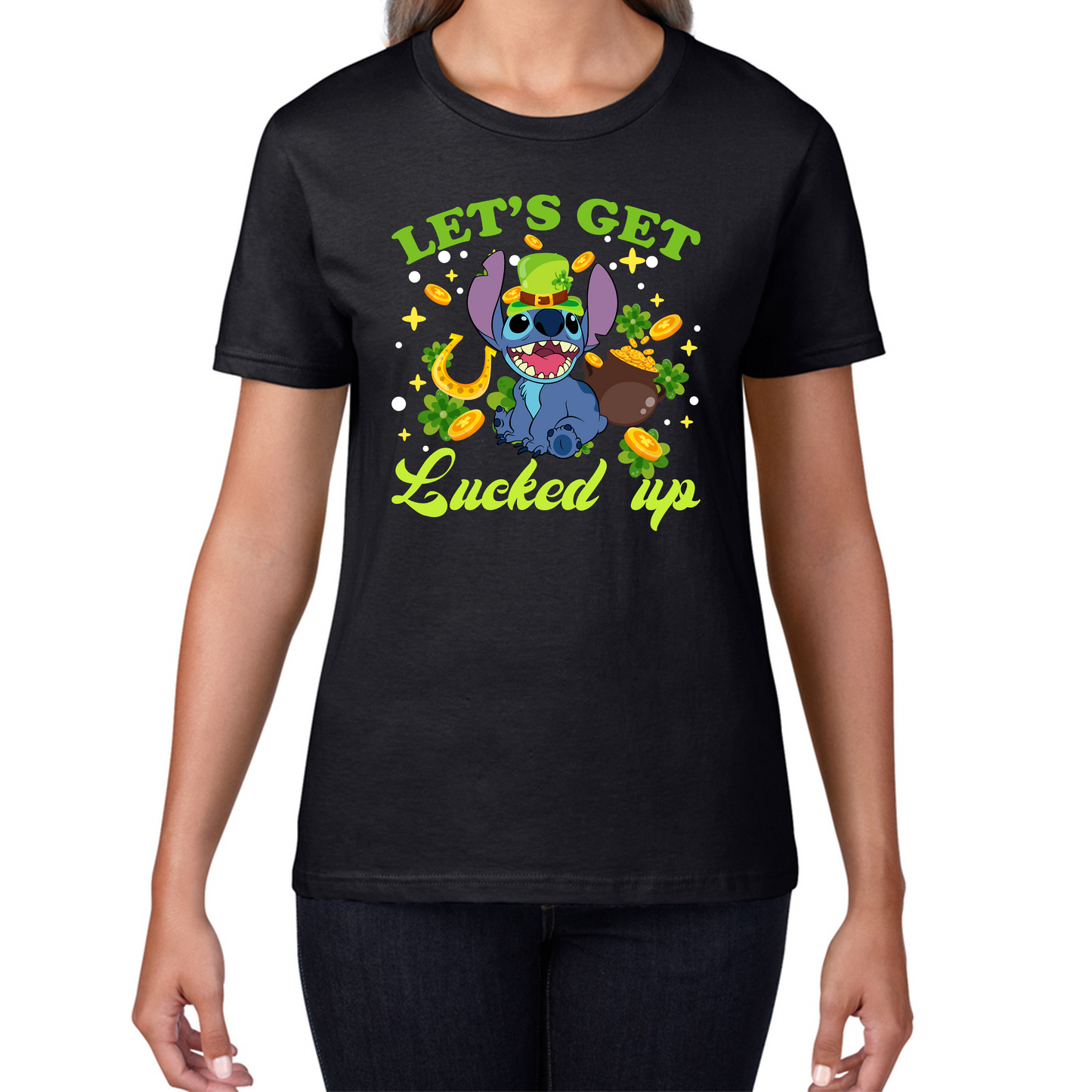 Let's Get Lucked Up Stitch Leprechaun Funny Cartoon St Patrick's Day Irish Festival Womens Tee Top