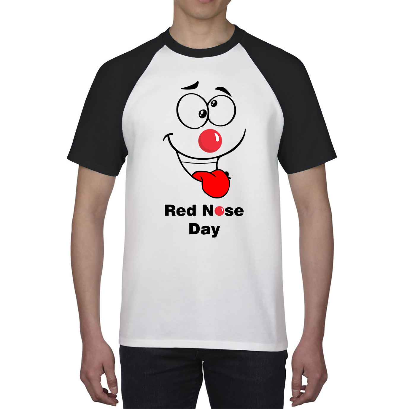 Funny Emoji Face Red Nose Day Baseball T Shirt. 50% Goes To Charity