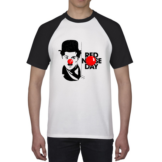 Charlie Chaplin Funny Red Nose Day Baseball T Shirt. 50% Goes To Charity