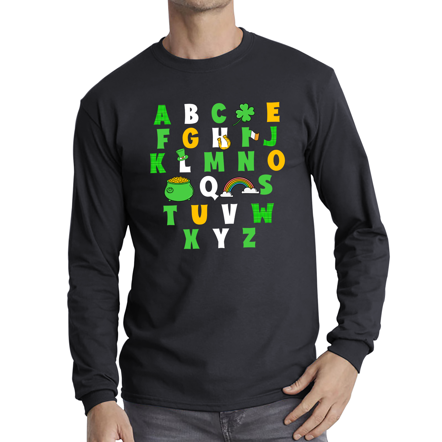 St Patrick's Day Alphabet Letters Alphabet A - Z Shamrock Alphabet St Paddy's Letters Long Sleeve T Shirt