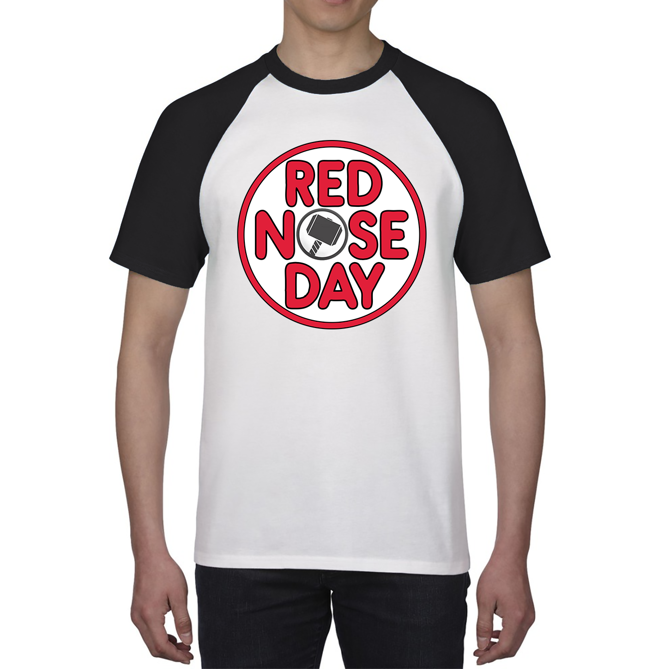 Marvel Avenger Thor Hammer Red Nose Day Baseball T Shirt. 50% Goes To Charity