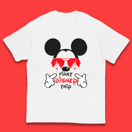 First Disney Trip Disney Mickey Mouse Minnie Mouse With Sunglasses Disney Castle Magical Kingdom Disneyland Trip Vacations Kids T Shirt