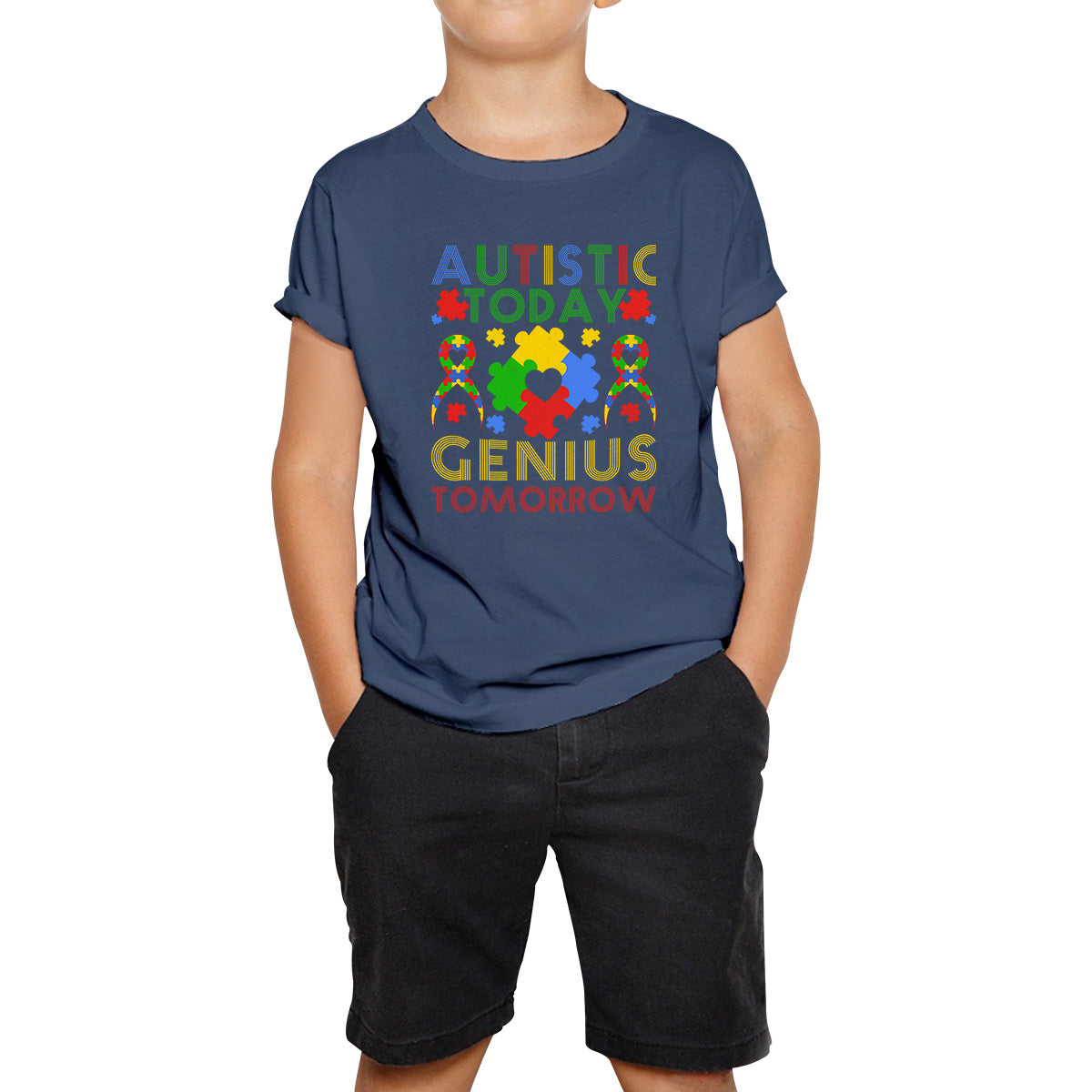 Autistic Today Genius Tomorrow Autism Awareness Puzzle Piece Inspirational Autism Quote Kids T Shirt