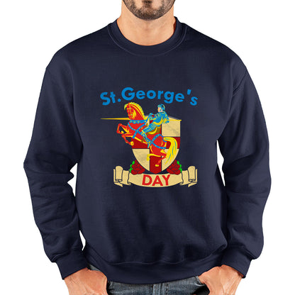 St George's Day England Red Flag Shield Knight Templar Riding His Rearing Horse London Saint George Day Warrior Fighter Patriotic Unisex Sweatshirt