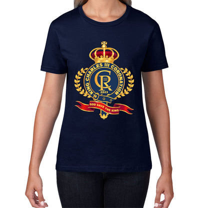 King Charles III Coronation 2023 CR III God Save The King Royal Crown United Kingdom Ruling Monarch Womens Tee Top