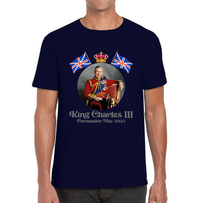 King Charles III 6th May 2023 Coronation British Flags Royal Crown CR III Union Jack His Majesty Mens Tee Top