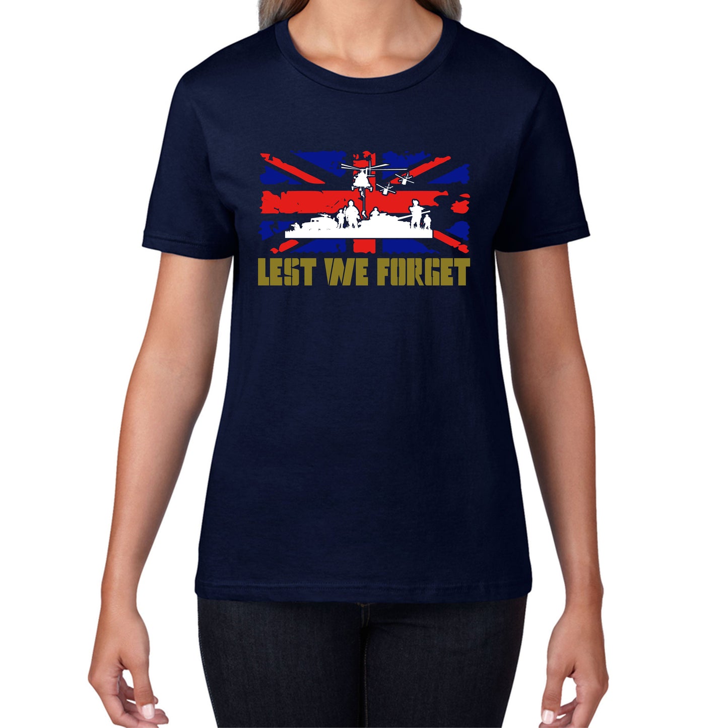 UK Flag British Armed Forces Day Lest We Forget Remembrance Day Veterans Day WWI Poppy Flower Womens Tee Top