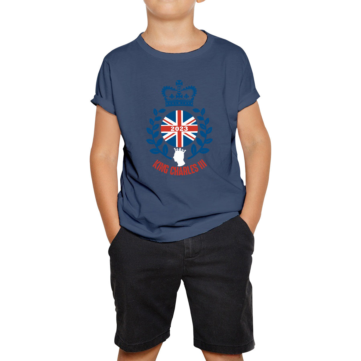 King Charles III Coronation 2023 British United Kingdom Uk Flag CR III Royal Crown His Majesty Union Jack Great Britain Kids T Shirt