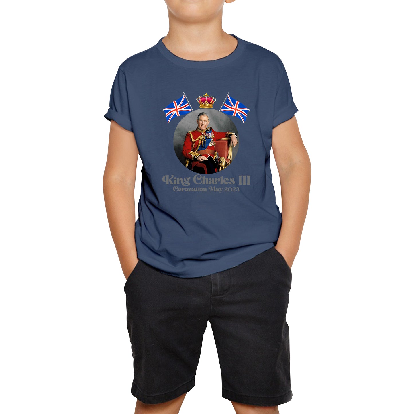 King Charles III 6th May 2023 Coronation British Flags Royal Crown CR III Union Jack His Majesty Kids T Shirt