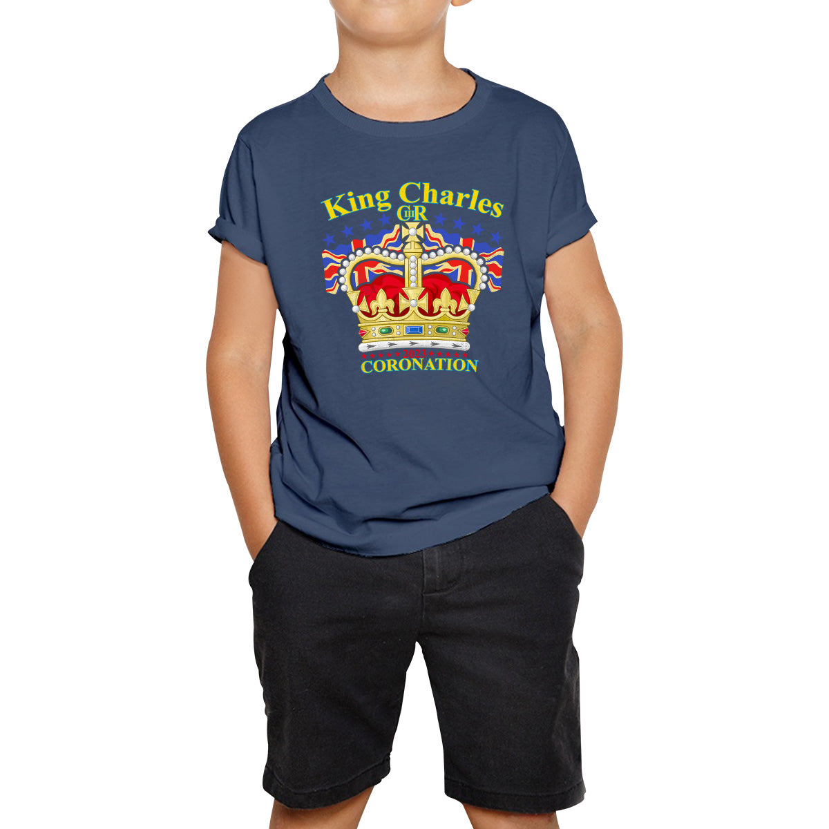 King Charles III 2023 Coronation  Royal Crown UK Ruling Monarch CR III Great Britain Pride Kids T Shirt